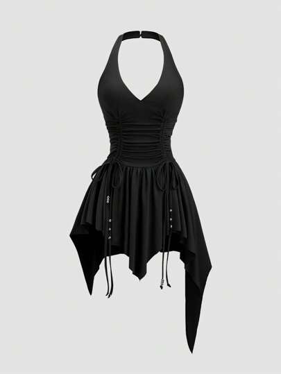 Sweetra Waste Land Retro Stylish Waistband Asymmetrical Fitted Short Dress, Women Unique Designed Dress With Maillard Color Scheme