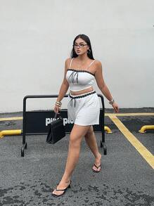 Flirla Ensemble 2 pièces pour femmes grandes tailles, confortable et décontracté avec dentelle et nœud papillon. Tenue d'été pour femmes - Blanc - Voir 6