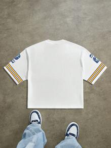 Manfinity ZONE917 Men's Street Style Striped Print Round Neck Loose Cropped T-Shirt, Summer Men's Cropped Tops - White - View 2