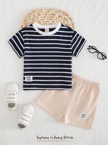 Cozy Pixies 2pcs/Set Baby Boys Decorative Woven Tag Colorful Striped Crew Neck Short Sleeve Drop Shoulder Top And Elastic Waist Shorts - Multicolor - View 3