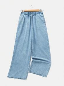 SHEIN Blugi din denim spălați, casual, moi și subțiri, cu talie elastică, pentru fete adolescente, primăvară/vară