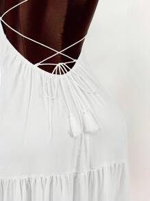 Amplova Spaghetti Strap Triangle Cup Open Back Tied Ruffle Hem A-Line Dress - White - View 8