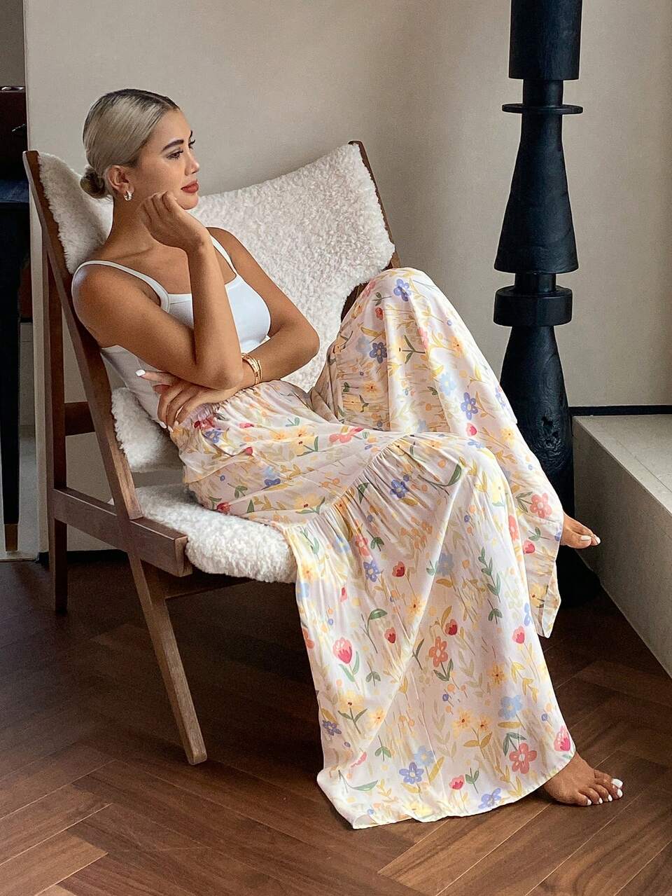 Women's Summer Lightweight Ditsy Floral Loose Wide Leg Pajama Pants, Fall, Winter