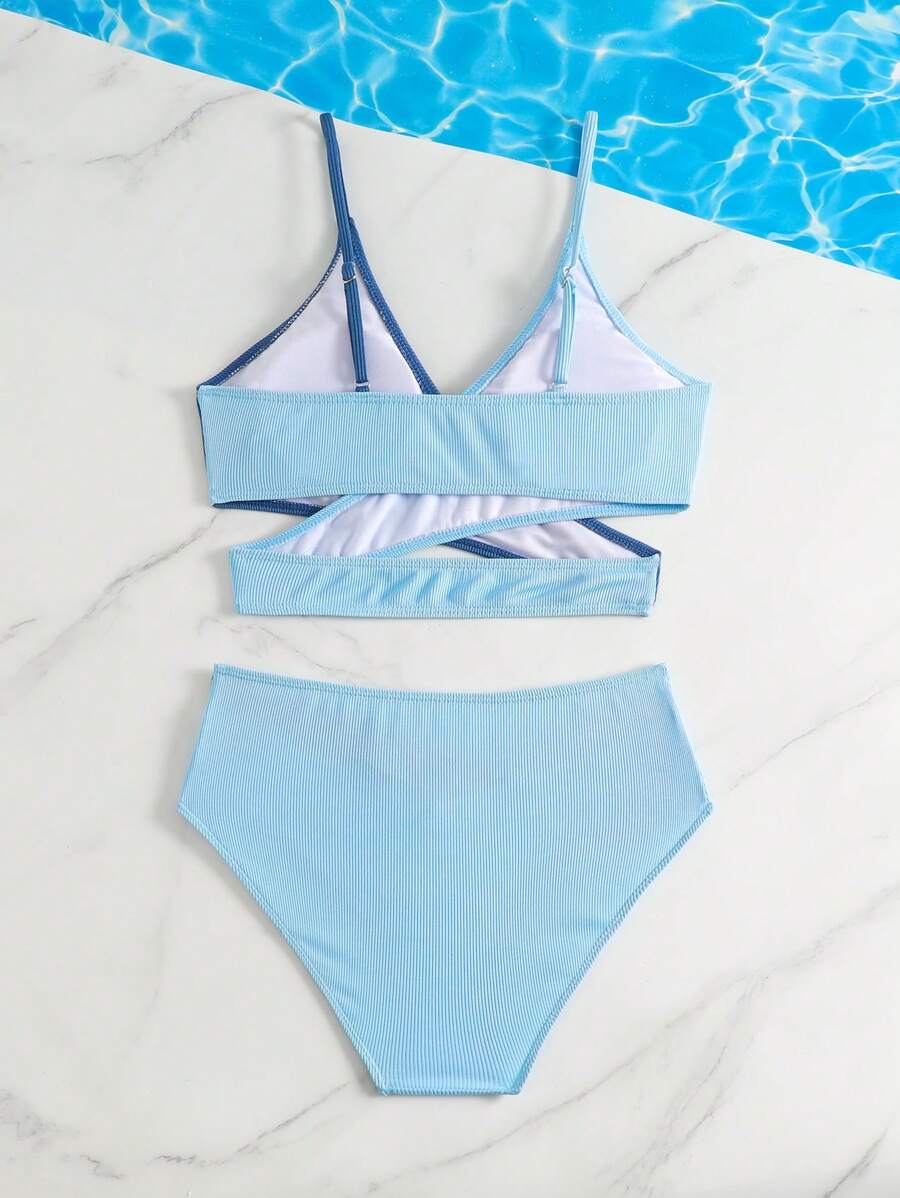 2 Potong Set Baju Renang Tankini Bergaris untuk Remaja Perempuan, Bikini untuk Remaja Perempuan, Biru Tua, Musim Panas, Kasual, Pantai, Liburan, Baju Renang Dua Potong untuk Remaja - Biru - View 1