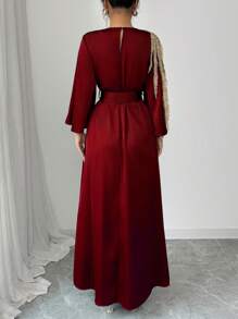 Rafferiza Vestido largo de satén con mangas largas, cuello redondo y cintura ajustada, corte holgado, con aplicación, vestimenta para damas árabes, bata, unicolor, elegante, apropiado para uso diario, Ramadán - Burdeos - Ver 2