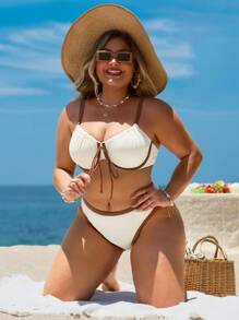 Swim Lushoire Plus Size Women Summer Beach Vacation Textured Contrast Color Underwire Bikini Set - Apricot - View 4