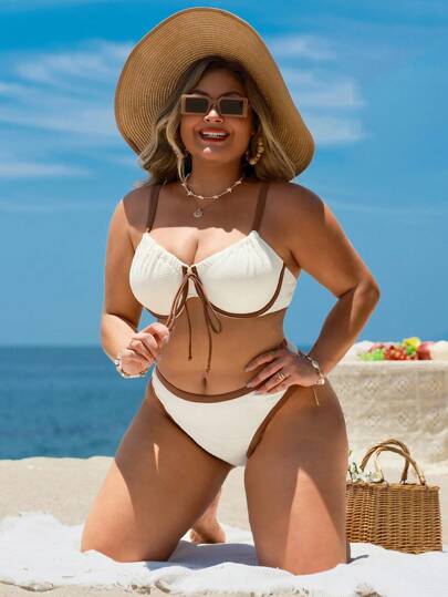 Swim Lushoire Bộ bikini có gọng màu tương phản họa tiết cho kỳ nghỉ hè trên bãi biển dành cho phụ nữ ngoại cỡ
