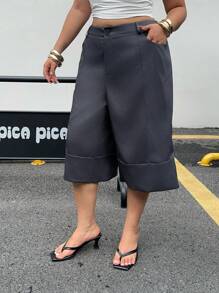 POPSWAY Calças elegantes e casuais de cintura alta, pernas largas, 7/10, para mulheres, com punhos dobrados, estilo solto, calças versáteis