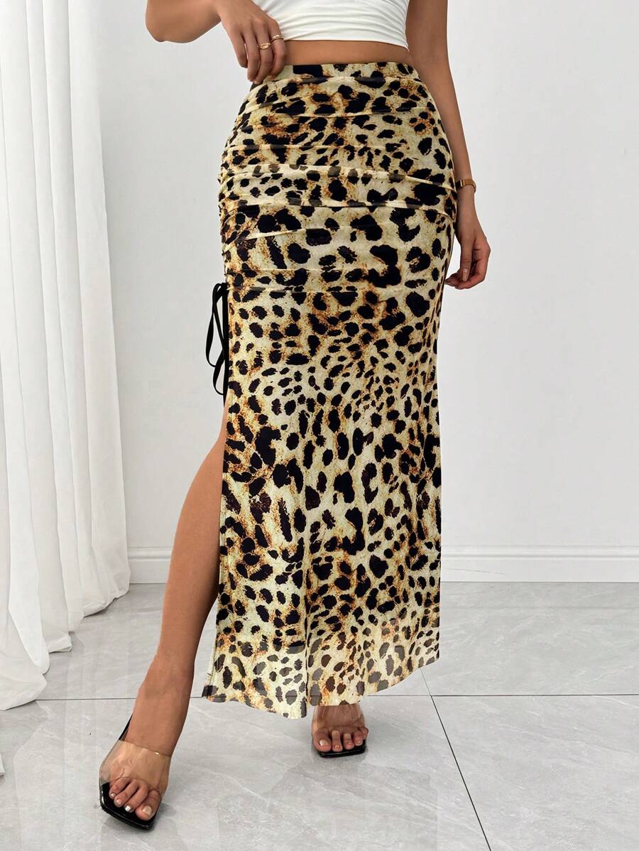 Gloray Women's Mesh Leopard Print Drawstring Ruched High Slit Elegant Skirt Fall Cloth For Women - Yellow - View 1