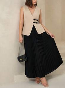 Chikora Plus Size Women Elegant Contrast Color Blazer + Pleated Skirt 2 Pieces Set,Black And White,Summer,Dinner,Classic Stylish Business Casual Work Clothes - Multicolor - View 5