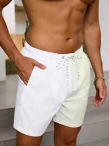 Palasendo Herrshorts med dragsko i midjan och sidofickor, färgblocksdesign, avslappnade strandshorts - Gul - Visa 3