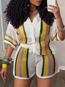 Slaydiva 2pcs Set 2025 Spring & Summer Casual & Beach Resort Knitted Collared Short Sleeve Blouse With Pocket And Shorts, Colorful Stripe Contrast Knitted Set, Plus Size Women