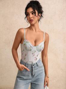 Glamine 女士花卉刺绣装饰无袖紧身衣 - 薄荷綠 - 查看 3