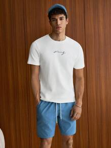 SWAVVY Hombres con estampado de letra Camiseta & de cintura con cordón Shorts