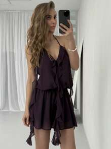 Aloruh Women's Dark Purple Ruffle Trim Halter Mini Dress, 70s Style Summer Party Club Outfits,Solid Color Backless Vacation Holiday Beach Outfits - Purple - View 8