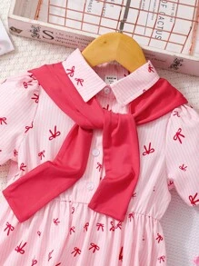 Vestido de festa para meninas, com estampa de laços e listras, corte A e xale, rosa, elegante e para o verão - Rosa - Ver 6