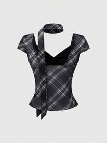 ROMWE J-Fashion Y2K Cute Tie Front Plaid T-Shirt For Women, Summer