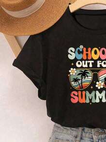 Tween Girl Tropical And Letter Printed Loose Casual Summer T-Shirt With Off-Shoulder Design - Multicolor - View 4