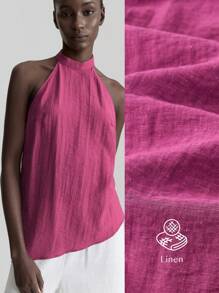 Ontre Blusa de estilo vacacional morada para todo el año, uso diario, elegante blusa holgada de cuello halter con pliegues - Morado - Ver 2