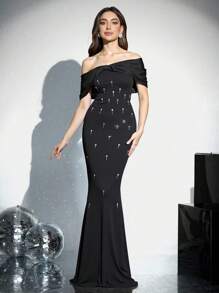 Coutiva 女士优雅不对称领口水晶装饰鸡尾酒会礼服女士礼服生日女士休闲礼服女士黑色礼服工作夏装女士短裙夏季，万圣节 - 黑色 - 查看 2