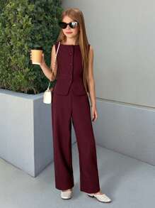 SHEIN 2pcs Tween Girls Set: Casual Fashion Tank Top Vest And Extra Long Pants Girls Wide Leg Pantsuit