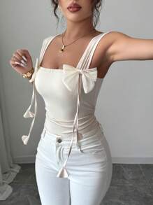 Selianne Nuevo estilo de body de mujer con lazo, diseño fruncido de cintura con cordón, body elegante de ajuste ceñido - Albaricoque - Ver 4
