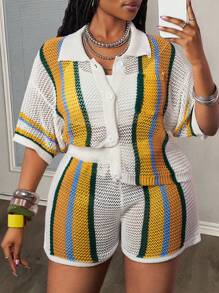 Slaydiva 2pcs Set 2025 Spring & Summer Casual & Beach Resort Knitted Collared Short Sleeve Blouse With Pocket And Shorts, Colorful Stripe Contrast Knitted Set, Plus Size Women