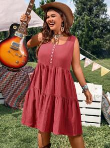 EMERY ROSE Vestido rojo corto de verano sin mangas de cuello redondo para mujer talla grande - Color caoba - Ver 4