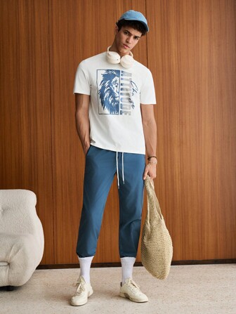 Camiseta casual de manga corta con gráfico de león y letra y pantalones con cordón en la cintura, bloque de color, para amigos