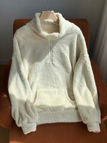 SHEIN EZwear Half Zip Pocket Drop Shoulder Teddy Sweatshirt,Long Sleeve Tops In Fall/Winter - Apricot - View 7