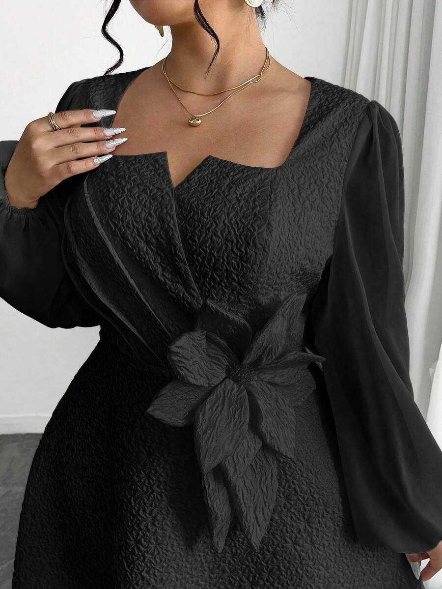 Modelyn 大码女式优雅镂空领口泡泡袖纹理面料连衣裙 - 黑色 - 查看 1