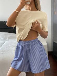 DAZY 极简主义T恤上衣和条纹短裤睡衣套装 - 杏色 - 查看 1