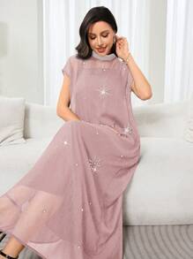 Al Najma Gaun Maxi Chiffon Semi-Transparan Wanita Elegan dengan Kerah Mandarin, Hiasan Mutiara Imitasi dan Berlian Imitasi - Berwarna merah muda - View 5