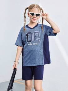 Girls' Casual Lightweight Washed Relaxed Fit Pieced Digit Print Top & Fitted Knit Denim Shorts, Minimalist Fashion Versatile For Daily Wear - Light Wash - View 4