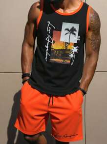 Manfinity RSRT Men's Casual Landscape Pattern Top Suit Men Two Piece Casual Short Sets Orange Two Piece Set Men