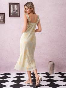 SHEIN Clasi Robe maxi style vacances ajustée à col V volantée en maille élastique à fleurs ditsy avec ourlet en queue de poisson