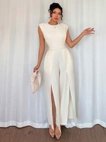 Chiquease 优雅的法国年轻女性日常通勤双面圆领无袖杏色长款开叉连体裤，全白派对装 - 杏色 - 查看 3