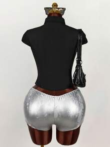 Amplova 女式高领落肩镂空修身束腰衬衫 - 黑色 - 查看 2