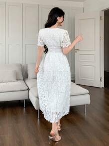 DAZY Women's Summer Deep V-Neck Lace Fabric Short Sleeve Cinched Waist Elegant LADY Style Long Maxi Party Dress - White - View 5