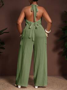 Slaydiva 2025 年新款夏季露背褶饰上衣和阔腿裤两件套，纹理面料，加大码