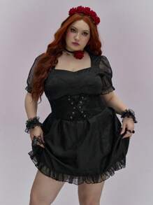 ROMWE Gothic Jacquard Graduation Prom Dress, Vine Pattern Jacquard A-Line Plus Size - Black - View 5