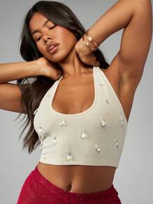 MISSGUIDED Glitter Knit Crystal Embellished Halter Crop Top Party Clubwear Sleeveless Fitted Holiday Festival Evening