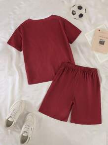 SHEIN Explorewe 2pcs/Set Tween BoysCasual Sports Digital Print T-Shirt And Shorts Outfit, Suitable For Leisure, Sports, School, Summer, Back To School 2025 - Burgundy - View 2