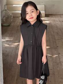 SHEIN Young Girls Casual Collared Sleeveless Dress - Black - View 5