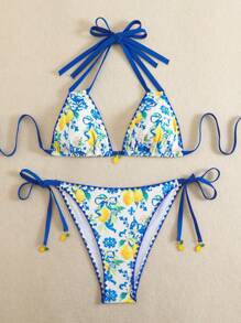 Swim Vcay Plus Size 2pcs Fruit Print Frill Trim Cute Playful Bikini Set, Summer