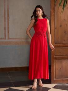 ZEYLAH Summer Vacation Round Neck Sleeveless Linen Long Dress