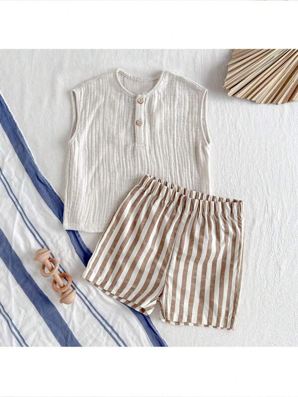 Loomiva 2 pezzi Set di maglietta senza maniche a girocollo e pantaloncini a vita elastica con righe per bambino