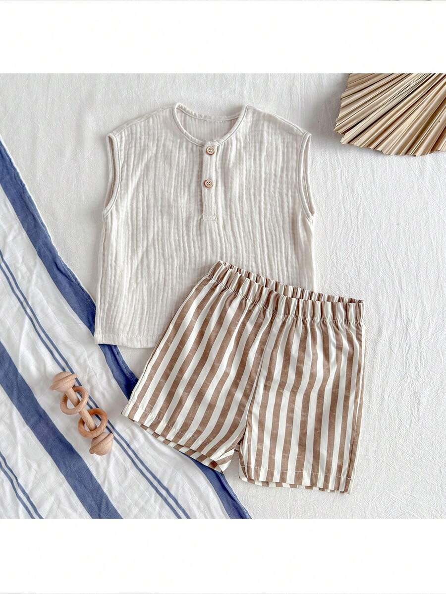 Loomiva 2 件套男婴纯色圆领无袖半开襟上衣和条纹松紧腰短裤套装 - 彩色 - 查看 1