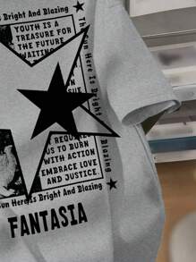 SHEIN Tranh sơn dầu cổ điển thường ngày cho bé trai tuổi teen, họa tiết Fantasia cổ điển, họa tiết ngôi sao trừu tượng ở mặt sau, áo phông cổ tròn tay ngắn tối giản, phù hợp cho mùa hè - Xám - Xem 5