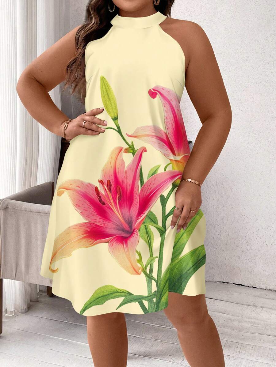 SHEIN Clasi 大码花卉印花无袖休闲连衣裙，适合夏季